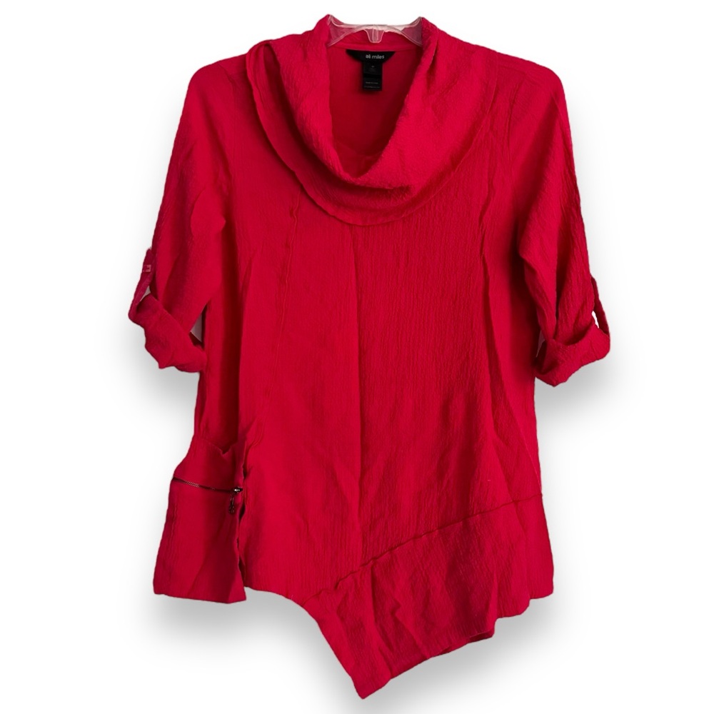 Ali Miles Red Cowl Neck Tunic Blouse Lagenlook Size Medium Comfort Stretch